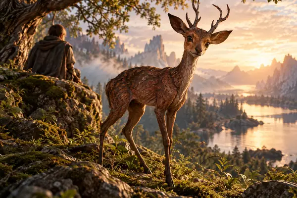 A thin antlered woodland creature with expressive eyes and richly textured brown skin.