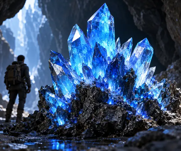 A vivid cluster of luminous blue crystals growing from a dark rocky base.