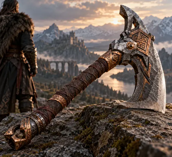 An ornate fantasy axe with an angular steel blade, copper details and a wrapped handle.