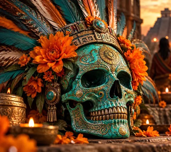 An ornate turquoise skull wearing a feathered headdress and bright orange flowers.