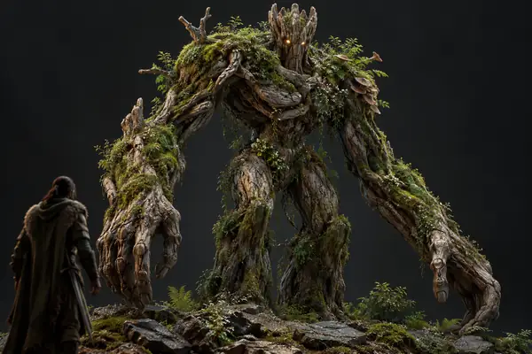 A mossy woodland golem with long arms and sculpted tree-bark features on a charcoal backdrop.