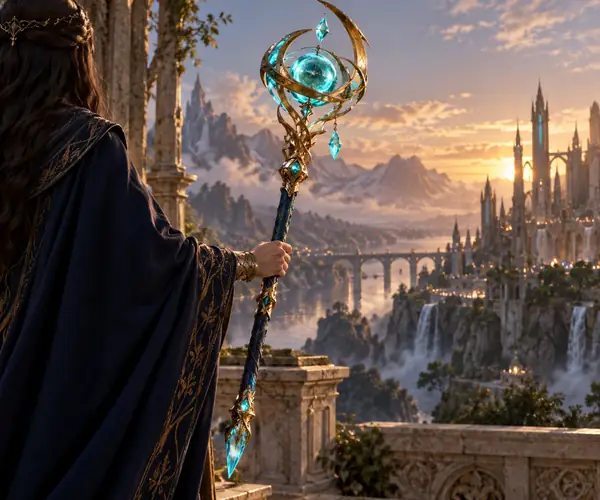 A ceremonial fantasy staff with turquoise glowing shapes, gold ornament and a dark blue grip.
