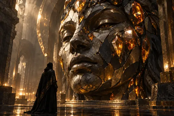 A mysterious sculpted face covered with dark overlapping plates and warm amber gemstones.