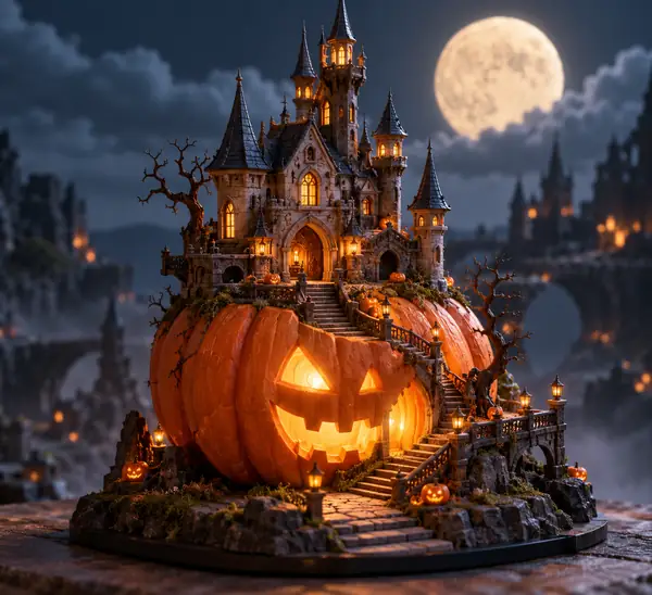 A whimsical haunted castle rising from a carved orange pumpkin, presented as a miniature game asset.