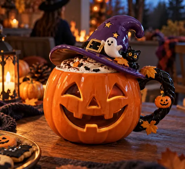 An orange jack-o'-lantern mug decorated with a purple witch hat and playful Halloween details.