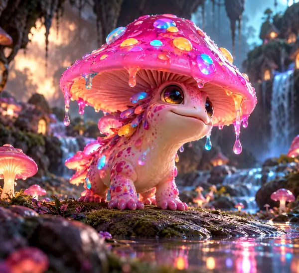 A playful neon mushroom creature with a bright pink cap and colorful dripping details.